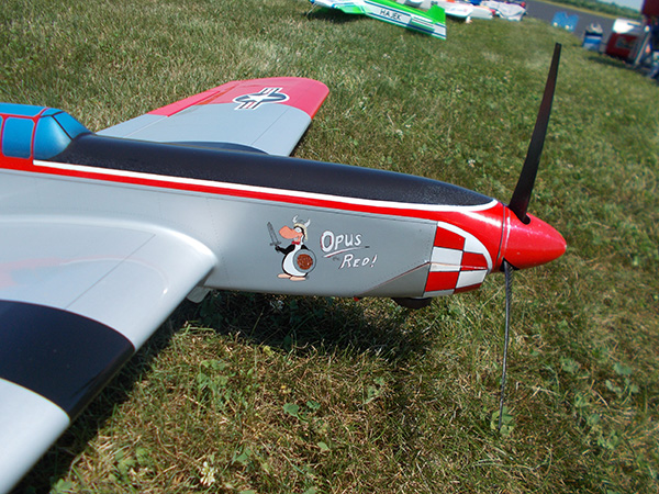 Model airplane with red and white details on grassy field.