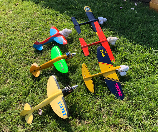 Colorful model airplanes on green grass.