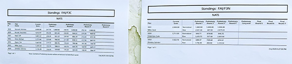Two tables with numerical data, separated by a piece of tape.