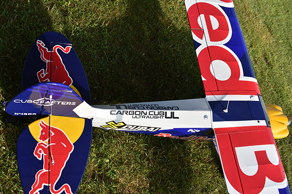 Model airplane with a blue and red livery on grass.