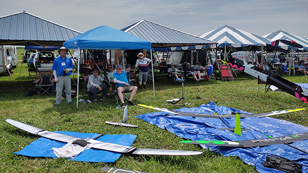Outdoor event with people under canopies, model airplanes on grass.