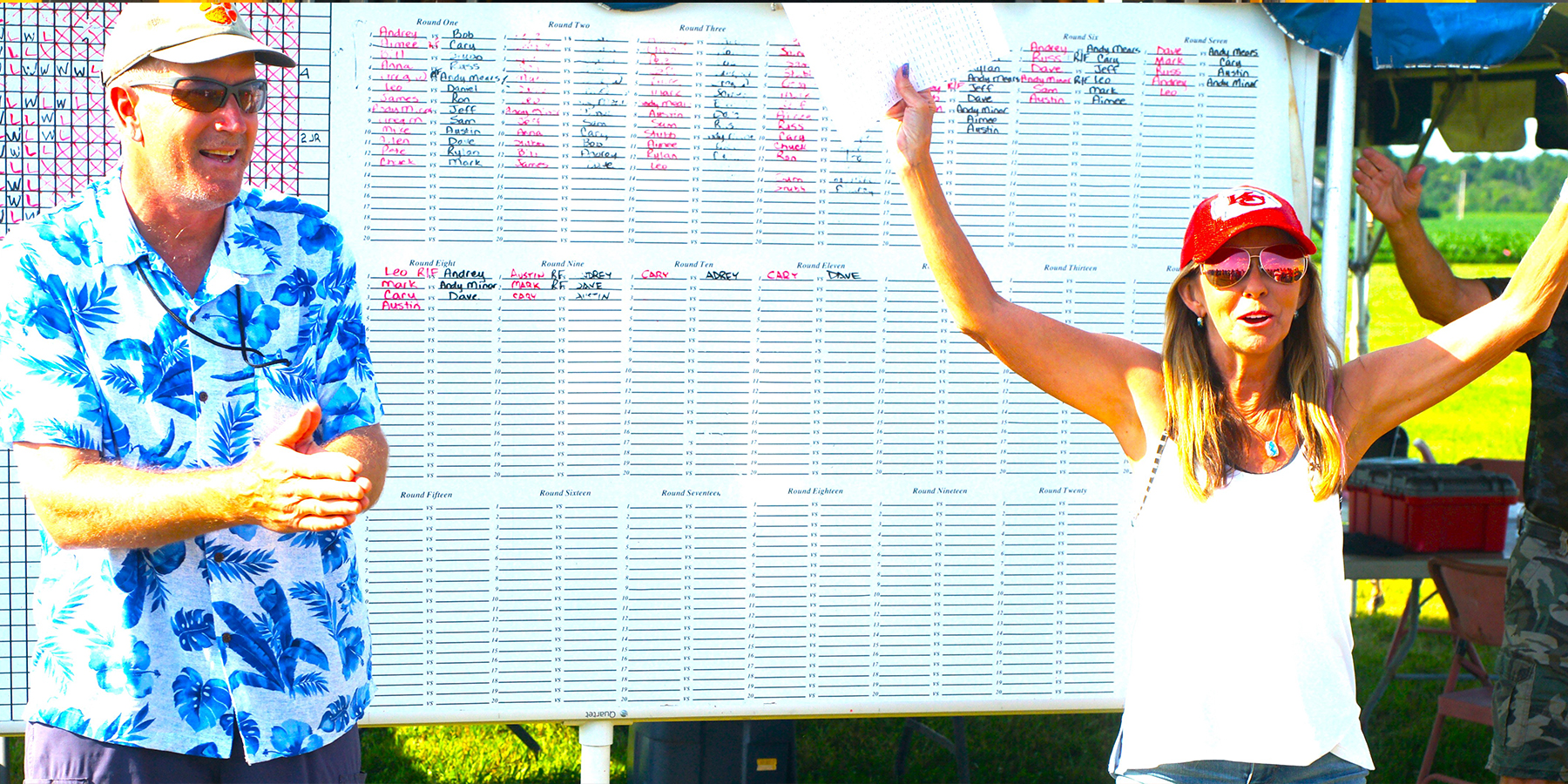 Dave Edwards (left) acknowledges all of the staff who helped make the 2023 Team Trials such a success. Arlene raises a cheer for