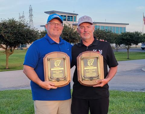 Dan Kane (left) with Randy Rich holding plaques to commemorate the induction of Randy’s late father “Dickie” and Randy into the NMPRA Hall-of-Fame. Dan Kane (left) with Randy Rich holding plaques to commemorate the induction of Randy’s late father “Dickie” and Randy into the NMPRA Hall-of-Fame.