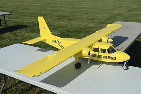 Yellow model airplane on a table in a grassy area.