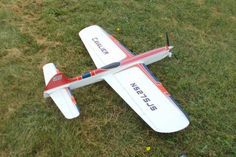 Model airplane with red and white design on grass.