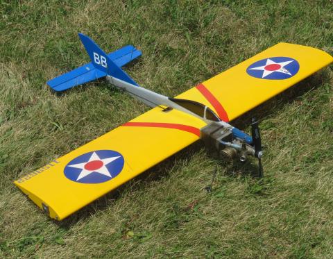 Yellow model airplane with U.S. Air Force roundels on grass.