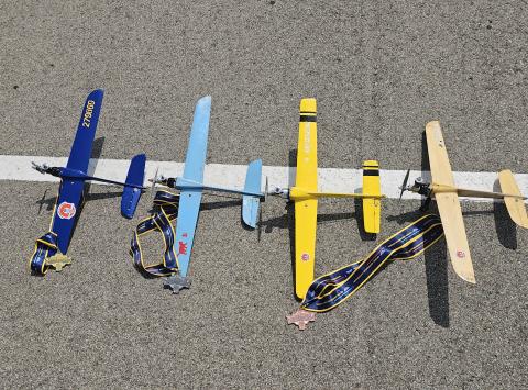 Toy airplanes of various colors lined up on asphalt.