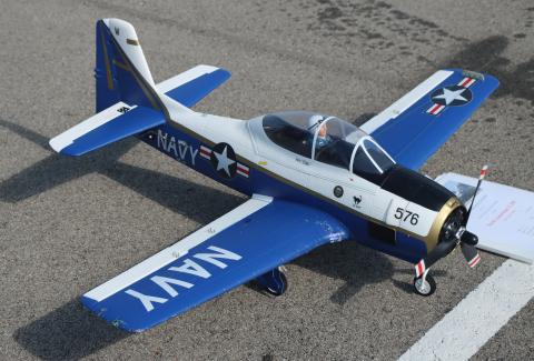 Model Navy airplane with blue and white design on pavement.