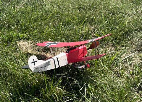 Red toy biplane with white crosses, resting on tall grass.