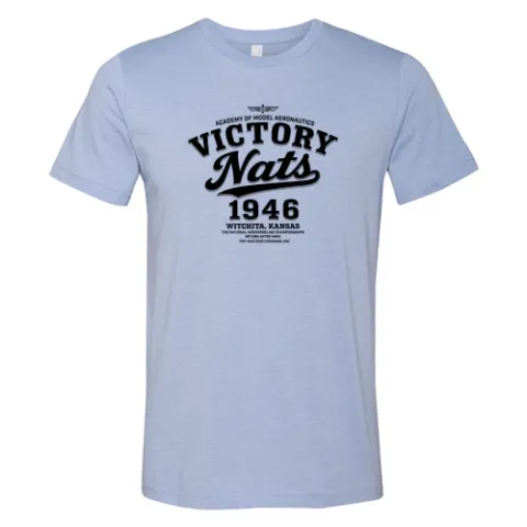 Light blue t-shirt with "Victory Nats 1946" in black text.