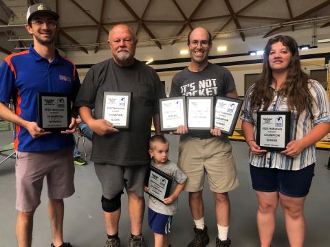 Indoor Nats 2022 grand champions: Stan Buddenbohm, Glider; Josh Finn, Rubber and Overall Grand; Paul Finn, Junior, Anjulie Sorbello, Senior; Jonathan Nunez, FAC. 