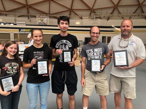 Limited Pennyplane winners (L-R): Odessa Wignall, best Junior; Monet Ramaciotti, best Senior; Josiah Rose, 3rd; Josh Finn, 2nd; Don DeLoach, 1st. 