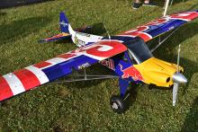 Radio-controlled Red Bull model airplane on grass.