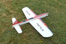 Model airplane with red and white design on grass.