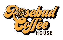 Rosebud Coffee House logo, cursive yellow text on black background.